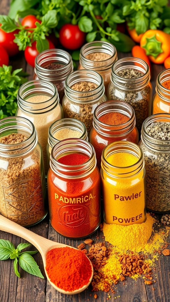 Colorful spice jars with various seasoning blends on a wooden table.